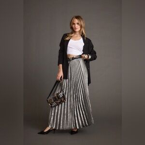 NWT 12th Tribe Electric Love Gunmetal Metallic Pleated Maxi Skirt Size M